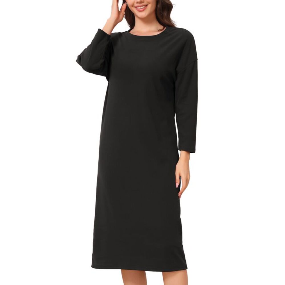 Women's Dralon Fleece Ribbed Long Sleeve Sleepdress Nightgown Black